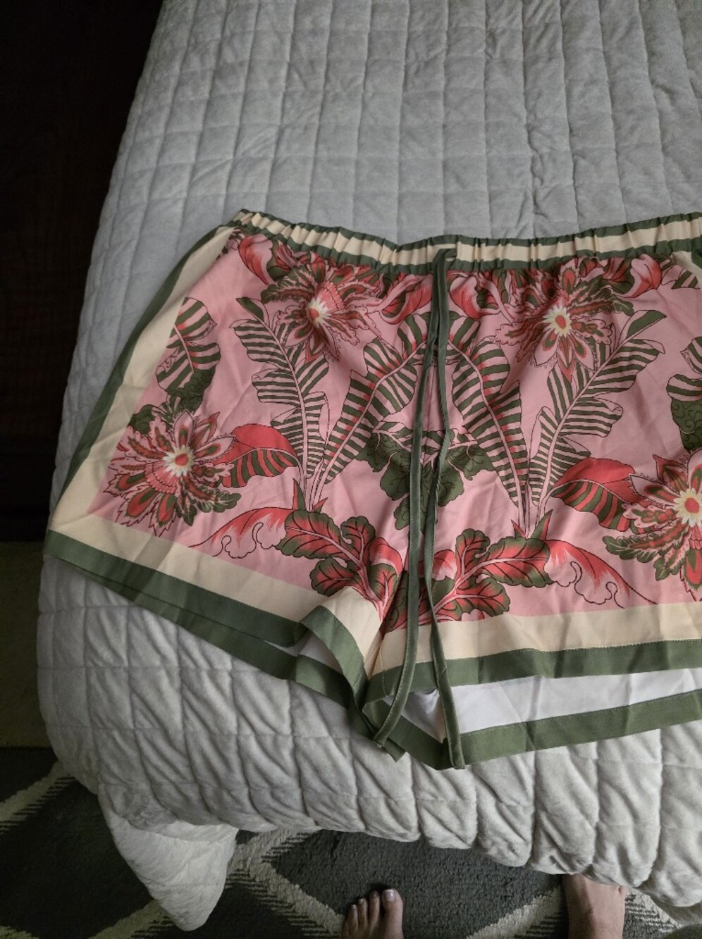SHEIN Pink Floral Athletic Shorts with Olive Trim